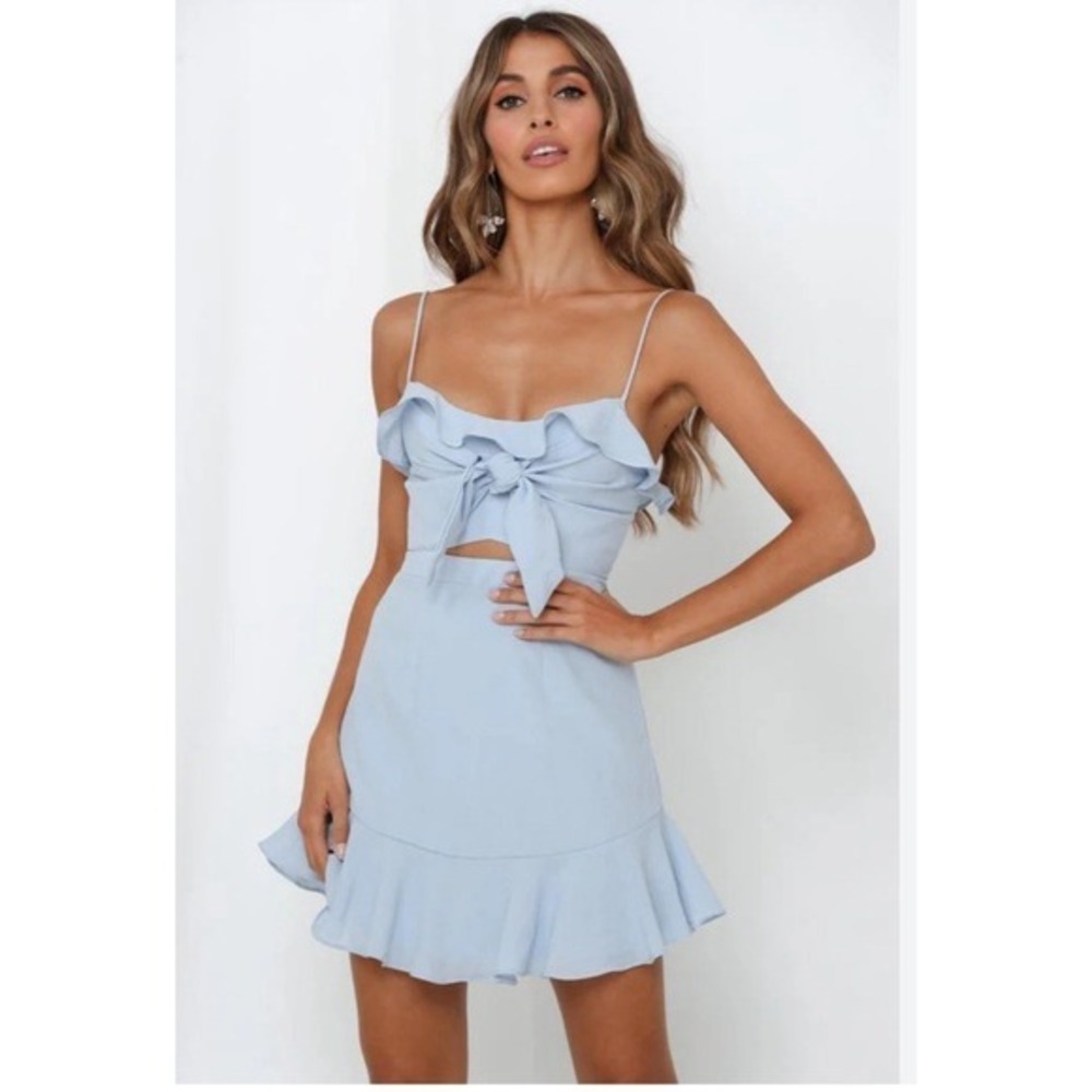 SELFIE LESLIE S Women Pico Tied-Knot Bust Ruffle Mini Dress Steel Blue Feminine